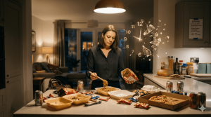 אישה עייפה עומדת מול מקרר פתוח בלילה ומחפשת נשנוש - התמודדות עם רעב בערב.