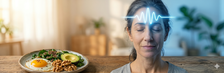 אישה בשנות ה-40 מחייכת בשלווה עם תדר של שקט מנטלי בראש, לצד צלחת עם אבוקדו, ביצה ואגוזים המייצגת שובע טבעי.