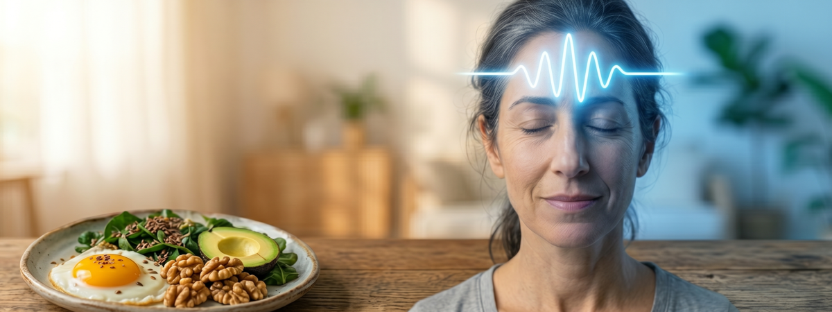 אישה בשנות ה-40 מחייכת בשלווה עם תדר של שקט מנטלי בראש, לצד צלחת עם אבוקדו, ביצה ואגוזים המייצגת שובע טבעי.