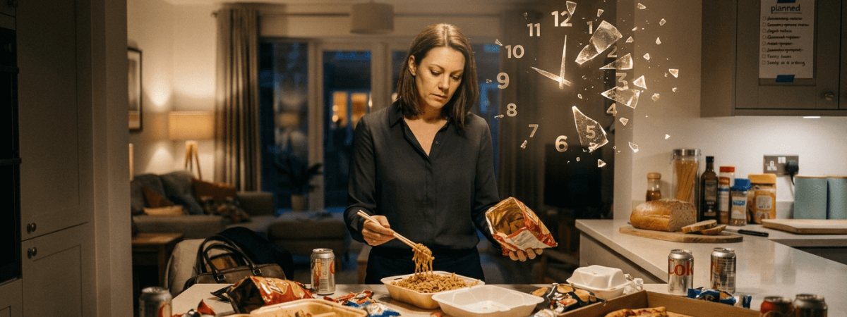 אישה עייפה עומדת מול מקרר פתוח בלילה ומחפשת נשנוש - התמודדות עם רעב בערב.